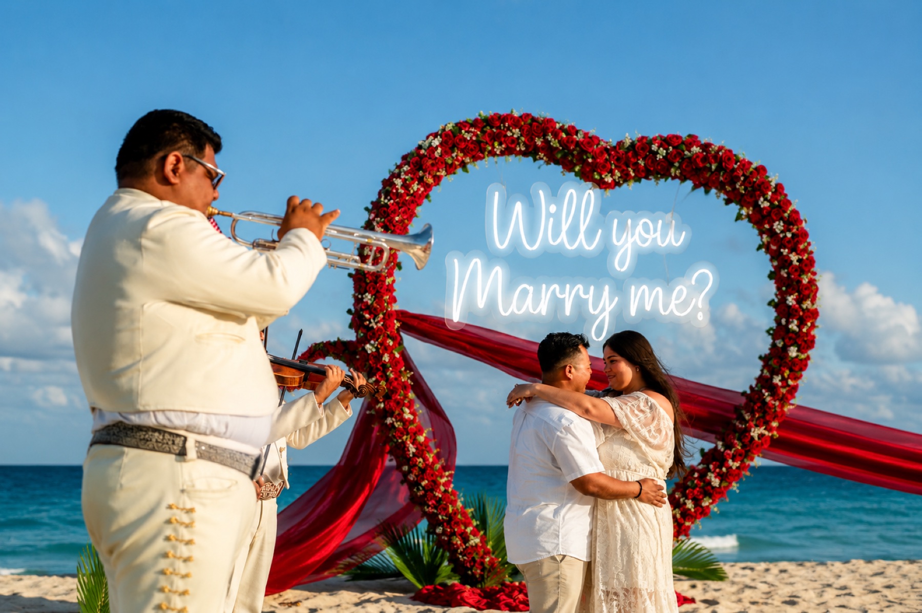 Couple beside a rose heart arch and proposal sign with mariachi